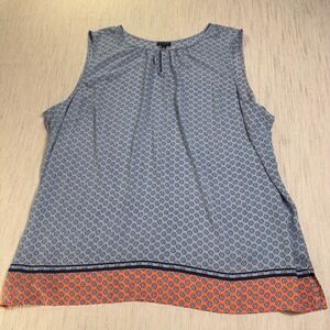 Talbots Plus Womens 3X Sleeveless Blouse Blue Orange Geometric Keyhole Top
